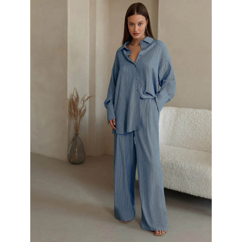 Autumn Winter Popular Pleated Shirt-style Wide-leg Pants Suit