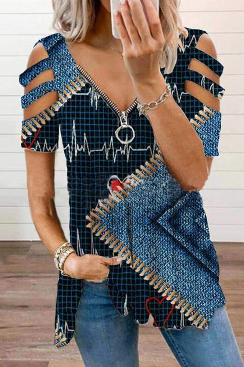 Print Patchwork V Neck T-shirts(3 Colors)