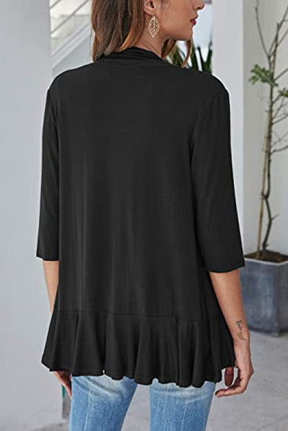 Clothing Autumn Color Cardigan 3/4 Sleeve Ruffle Top