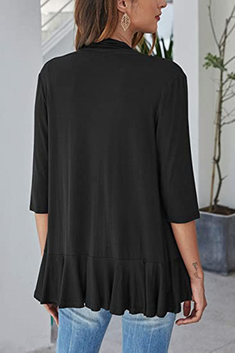 Clothing Autumn Color Cardigan 3/4 Sleeve Ruffle Top