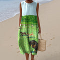 Comstylish Women's Retro Cute Dogs Art Print Cotton Linen Sleeveless Dress