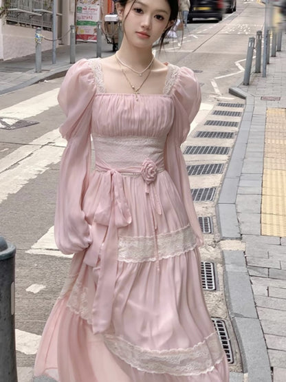 Summer Chiffon Midi Dress Lace Y2k Lolita Fairycore Puff Sleeve High Waist French Evening Party Dresses Prom Robe