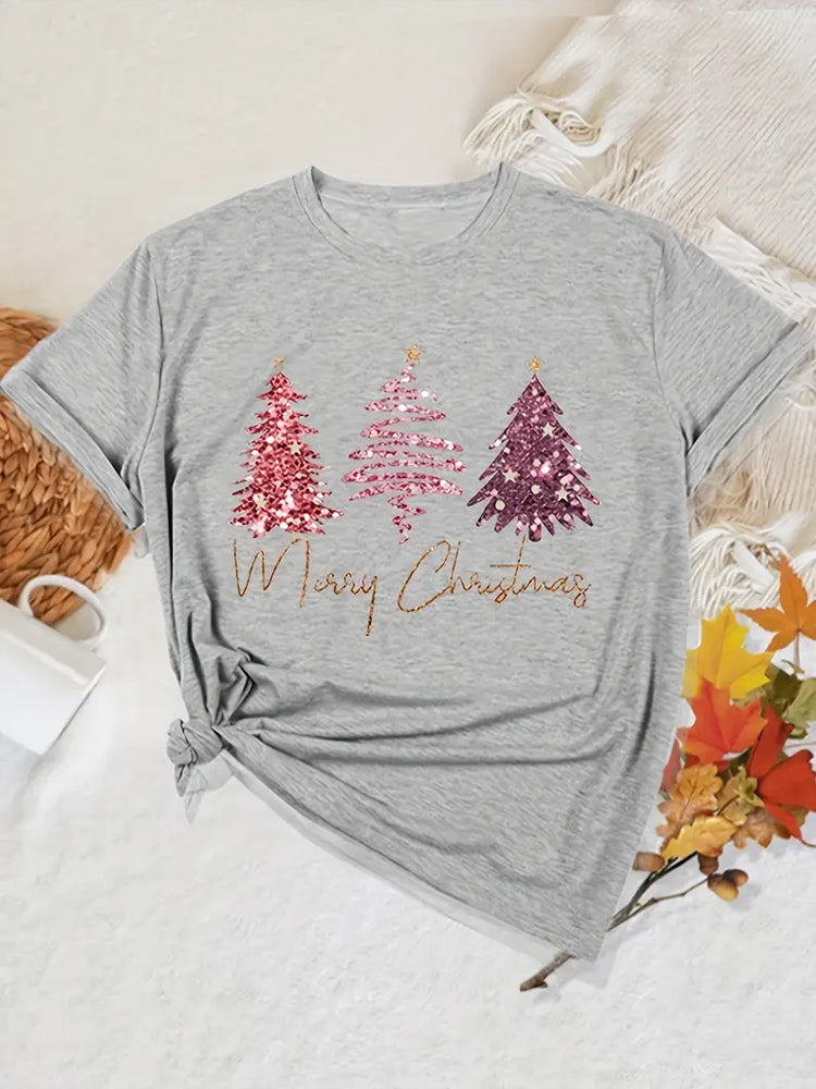 Comstylish Pink Glitter Christmas Tree Women's T-Shirt