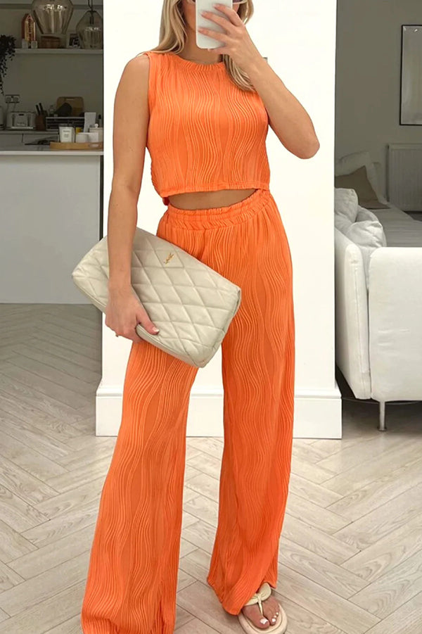 Color Water Wave Crew Neck Tank Top and Elastic Waist Straight Pants Set