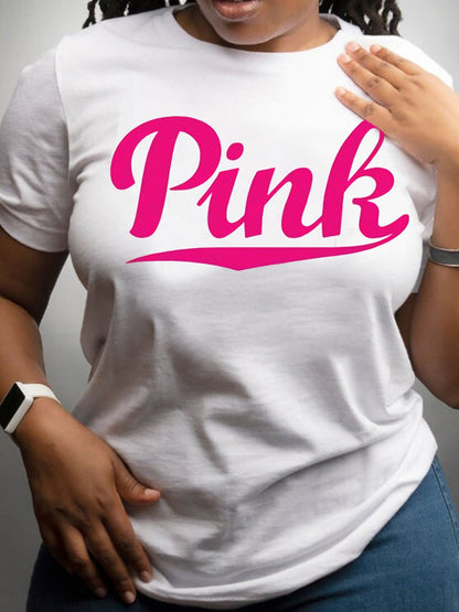 Pink Letter Print T-shirt New in Spring Summer Short Sleeve Round Neck Basic Tee Daily Regular Fit High Street Tops for