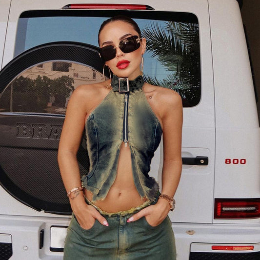 Hipster Y2k Denim Summer Crop Top Zipper Split Sleeveless Backless Halter Tops