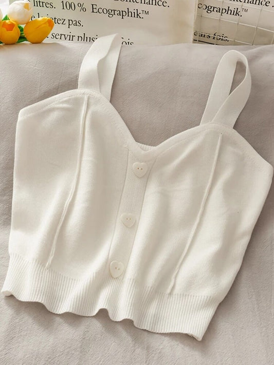 Crop Top Sweater Tank Top Button Up V Neck Sleeveless Knit Top Beach Vest Female Camisole Cotton Tank