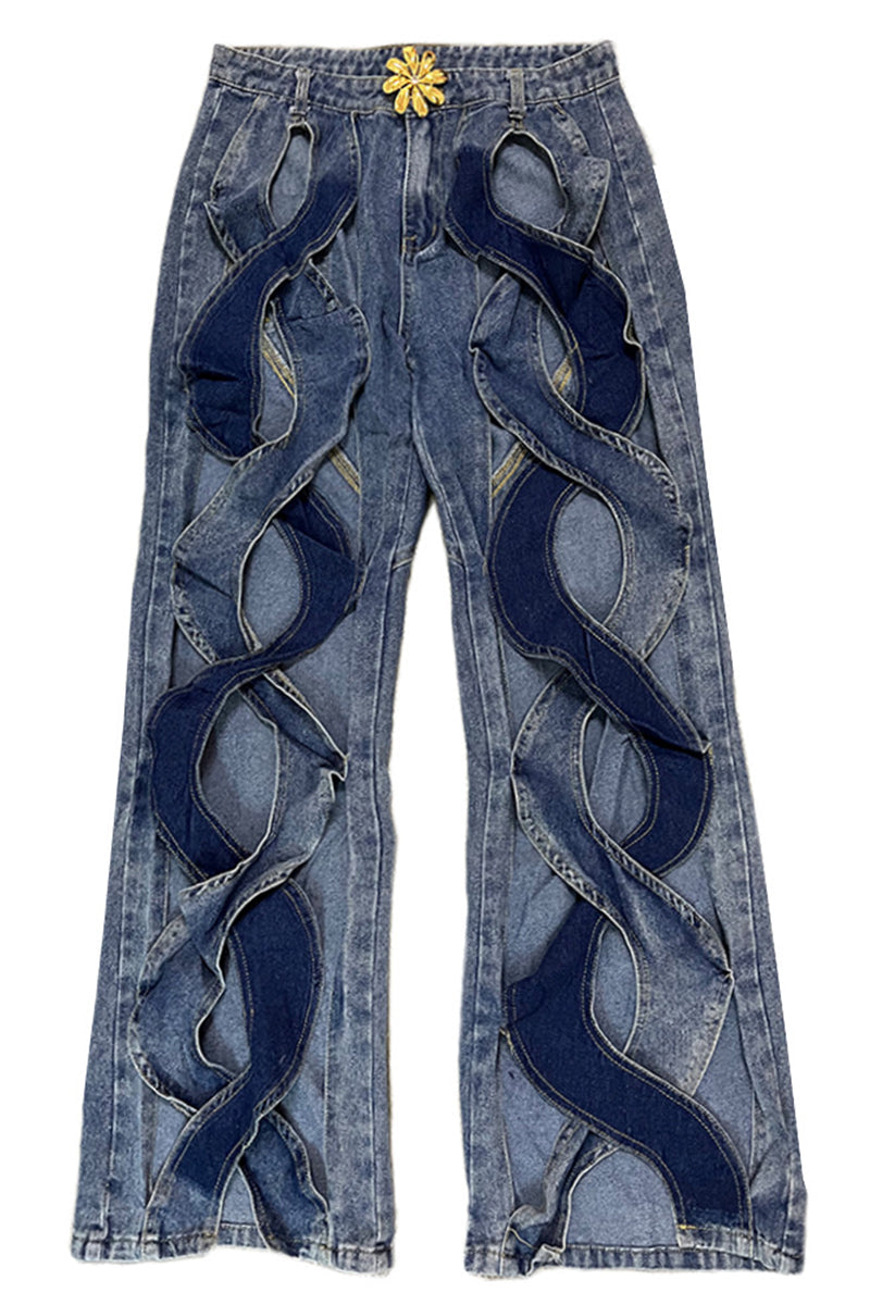 Street Hollowed Out High Waist Straight Denim Jeans
