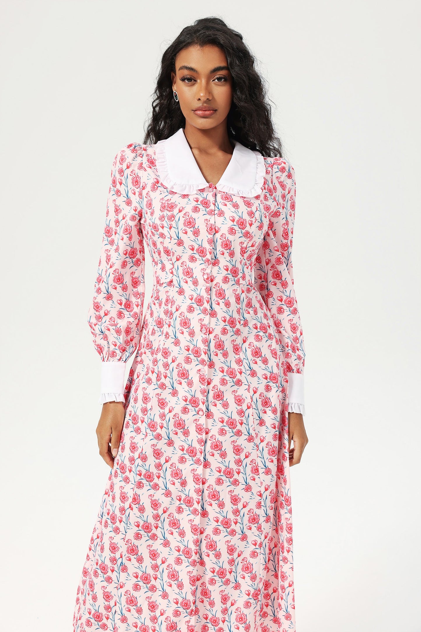 Long Sleeve Doll Collar Buttoned Midi Dress Pink