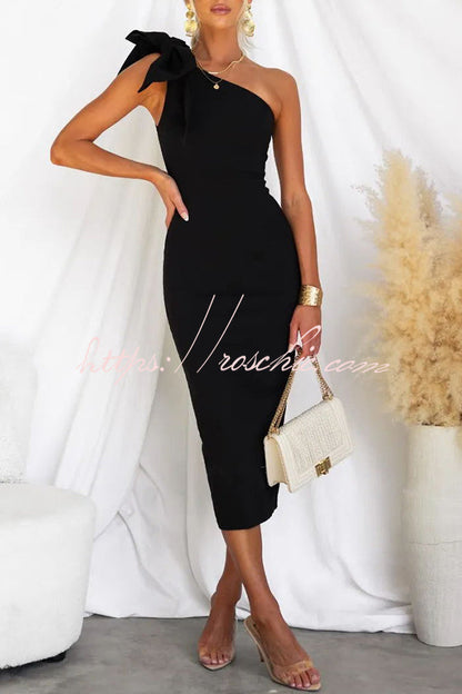 Barbie Day Bow Detail One Shoulder Stretch Midi Dress