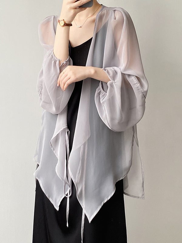 Bishop Sleeve Long Sleeves See-through Split-joint Tied Collarless Blouses&shirts Tops