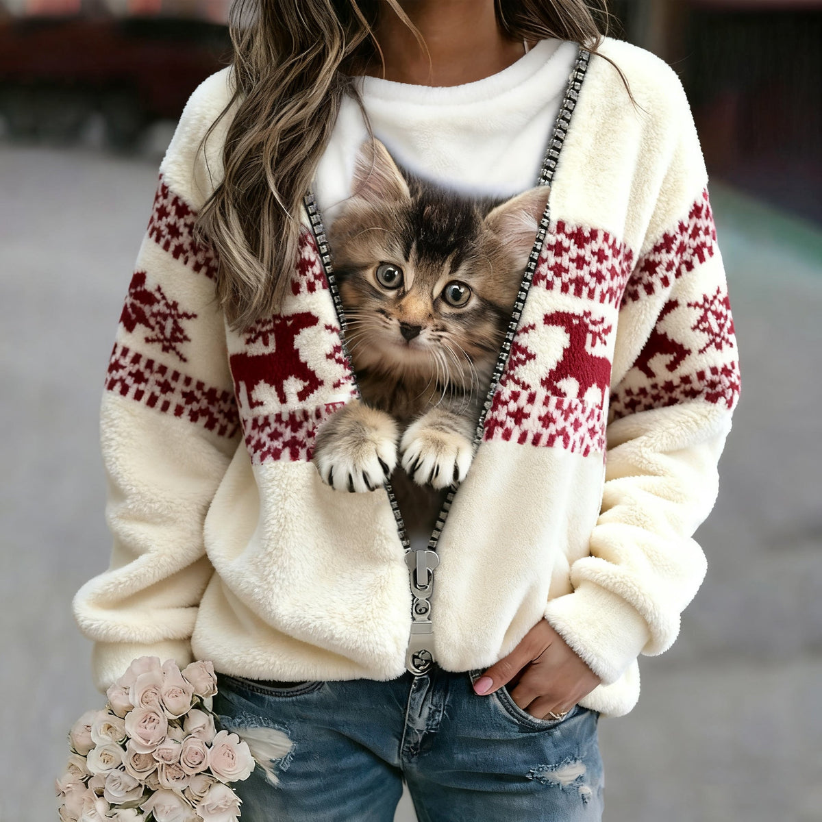 Comstylish Lovely Cat Creative Graphic Flannel Christmas Sweatshirt