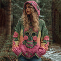 Women's Viking Tribal Jacquard Celtic With Red Rose And Skull Inspired Cozy Knitted Hooded Cardigan artswardrobe