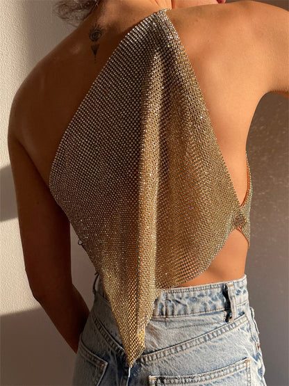 Tossy Glitter Backless Tank Top – Female Patchwork Off-shoulder Sequin Club Party Y2k Sparkle Vest
