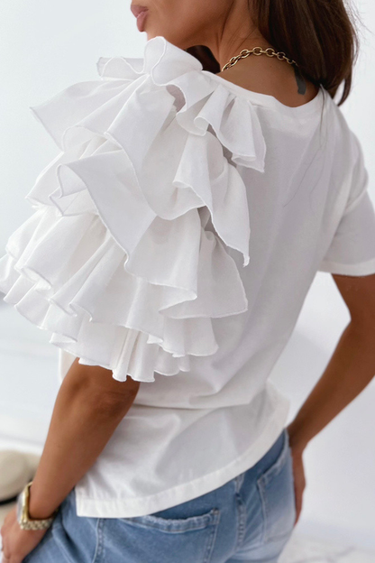Patchwork Flounce O Neck T-shirts(4 Colors)