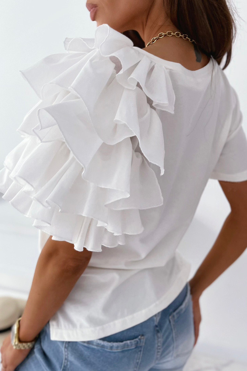 Patchwork Flounce O Neck T-shirts(4 Colors)