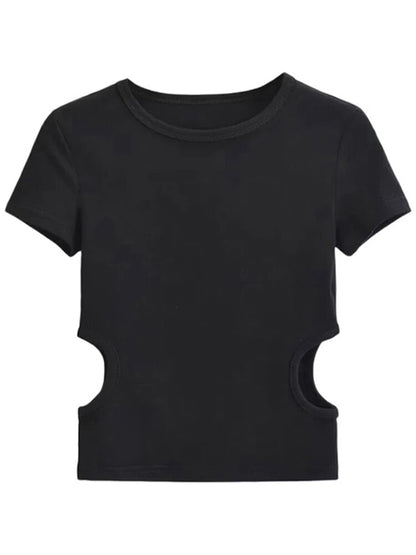 Side Waist Off Short Top ’s Round Neck Slim Fit Versatile Color Short Sleeve T-shirt Summer