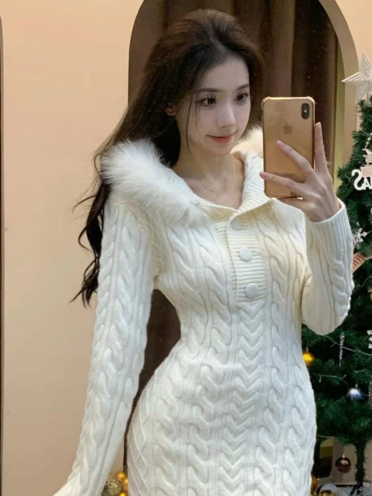 Y2k Knitted Dress Faux Fur Hooded Sweater Christmas Party Mini Dresses Autumn Winter Kawaii Vestidos Mujers New