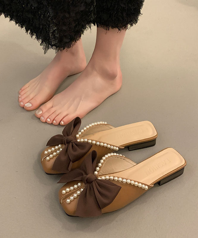 Black Faux Leather Splicing Slide Sandals Bow Nail Bead Aa016