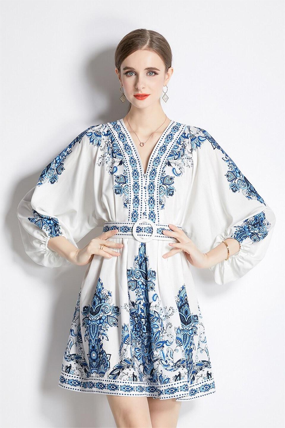 Paisley Single Breasted Long Sleeve Mini Dress With Belt