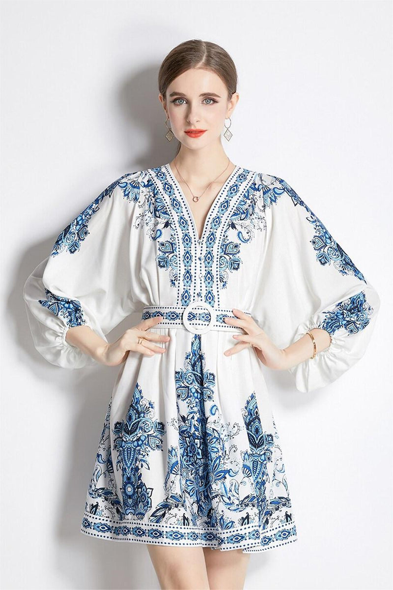 Paisley Single Breasted Long Sleeve Mini Dress With Belt
