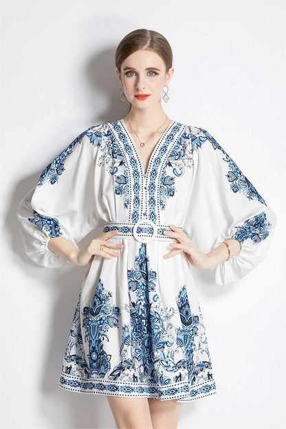 Paisley Single Breasted Long Sleeve Mini Dress With Belt