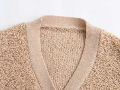 Fall Clothing Teddy Needle Fur Feeling V Neck Knitted Cardigan Coat