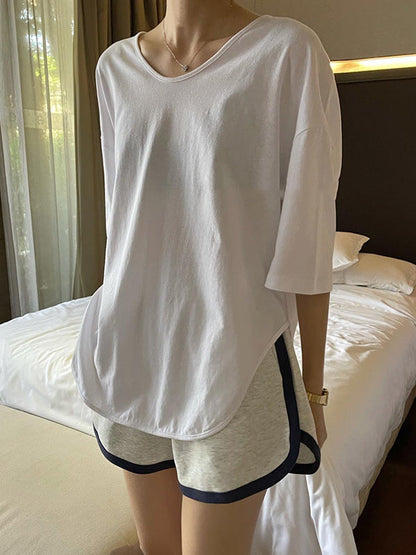 Loose Split-side Color V-neck T-shirts Tops