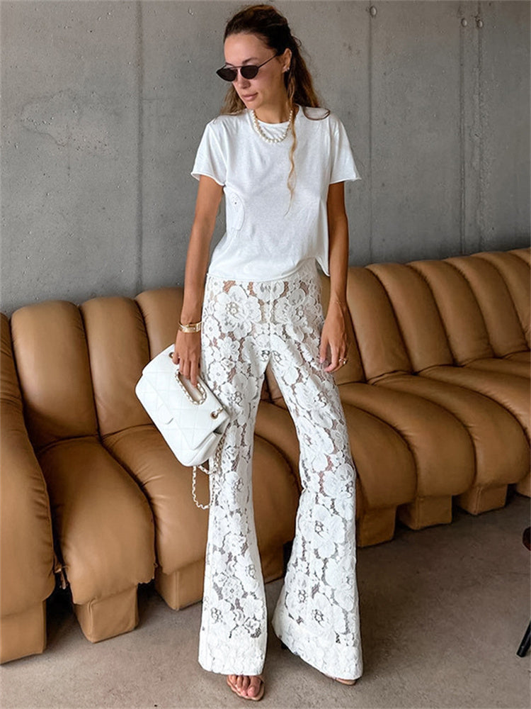 Tossy White Printed High Waist Straight Legg Patchwork Hollow Out Lace Pants Summer