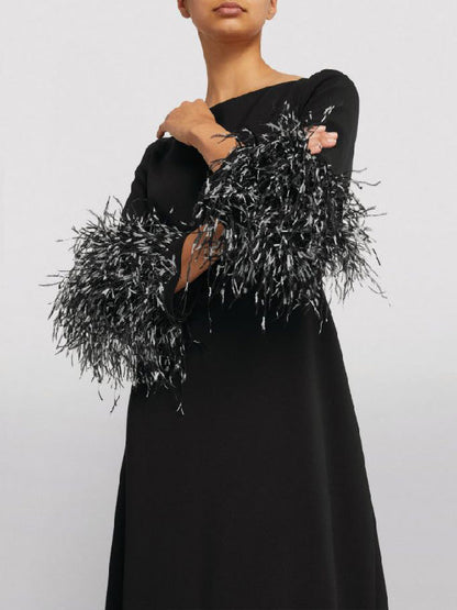 Simple Black and White Feather Long Sleeve Party Dress