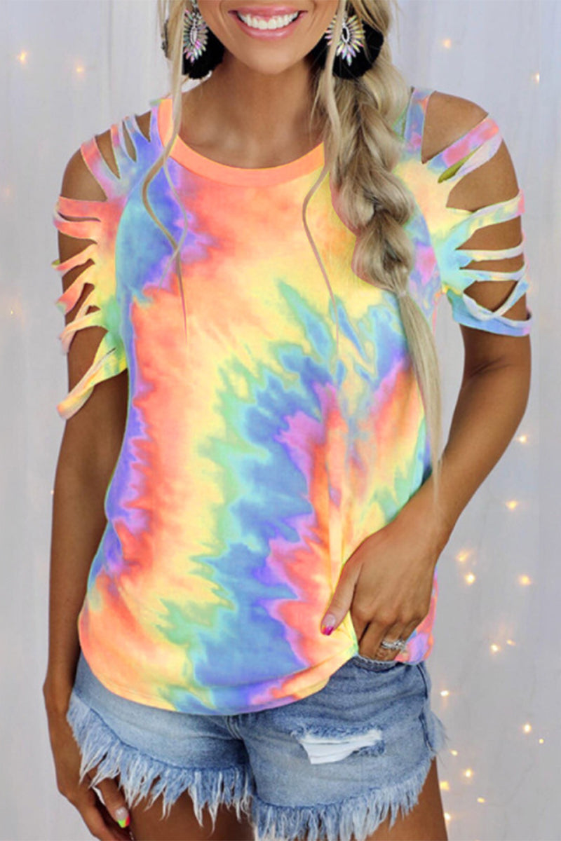 Tie Dye Hollowed Out Patchwork O Neck T-shirts