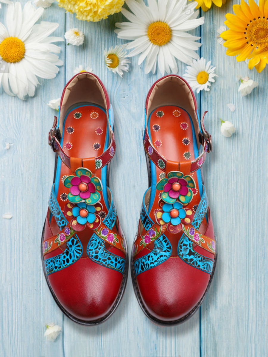 Soffia | Genuine Leather Cut Out T-strap Dora Sandals Oxford Shoes
