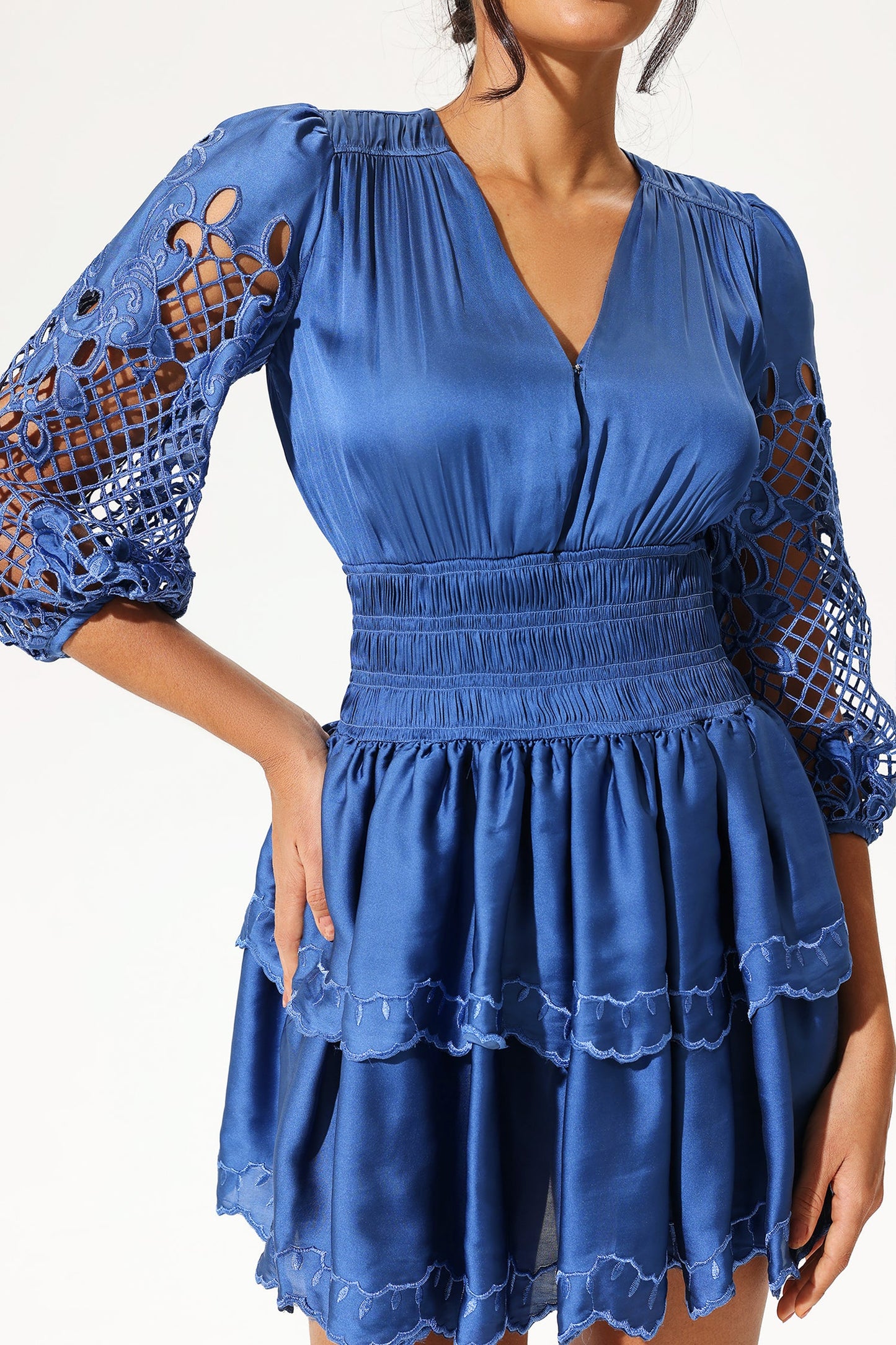 Lantern Sleeve V-neck Cut-out Mini Dress Blue