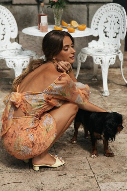 Lantern Sleeve Backless Lace Up Smocked Elastic Mini Dress