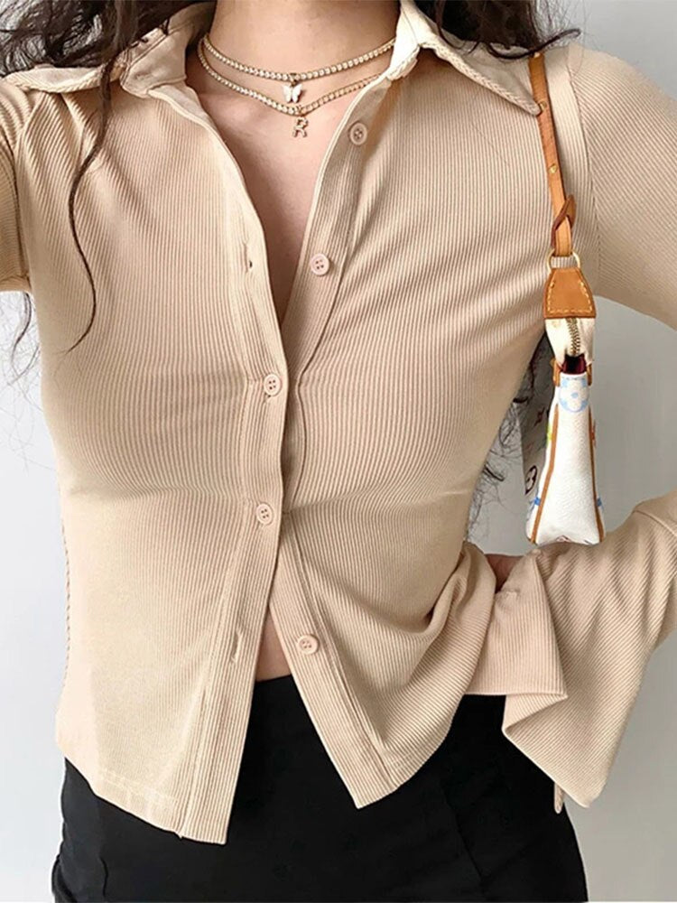 Blouses Lapel Single-breasted Flared Collar Sleeve Shirt Five-color ’s Slim Long-sleeve Top