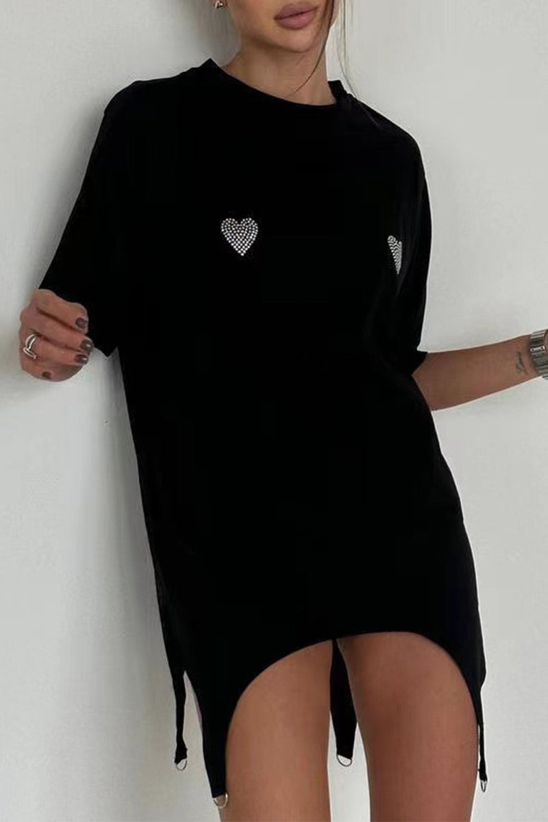 Letter Heart Shaped Asymmetrical Hot Drill O Neck T-shirts