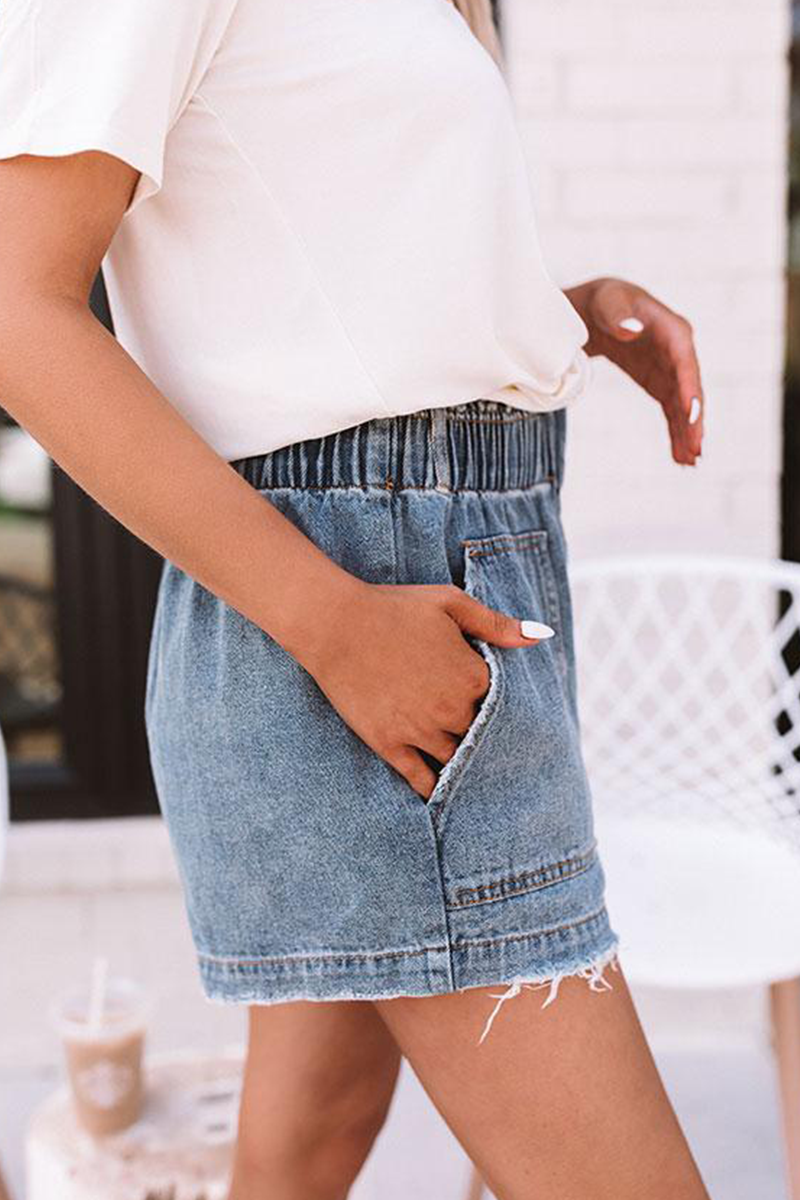 Patchwork Mid Waist Straight Denim Shorts