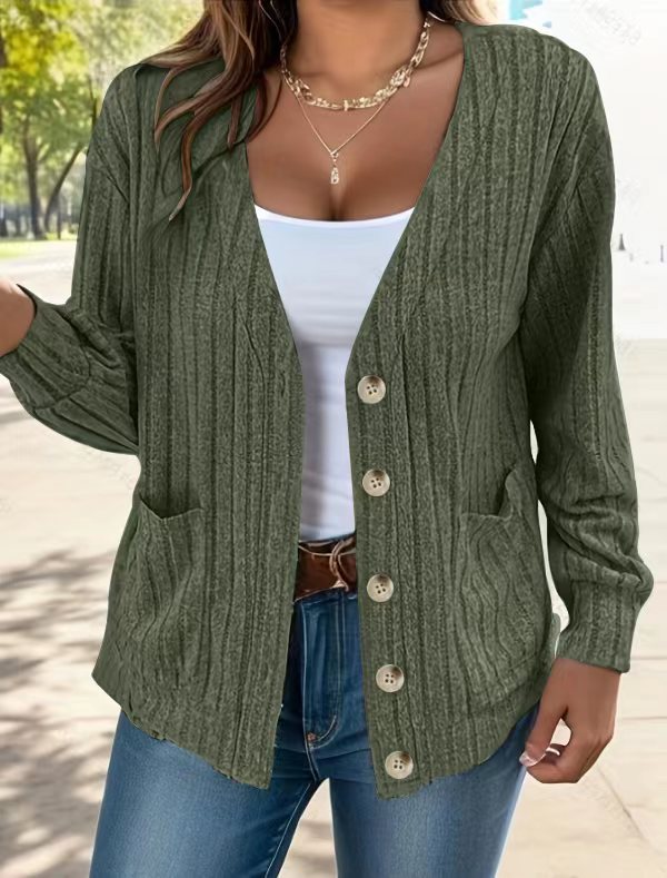 Autumn Winter Temu Clothing Color Buttons V Neck Loose Long Sleeved Cardigan