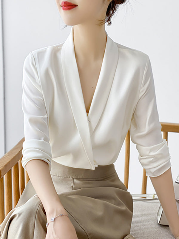 Long Sleeves Loose Color V-neck Blouses&shirts Tops