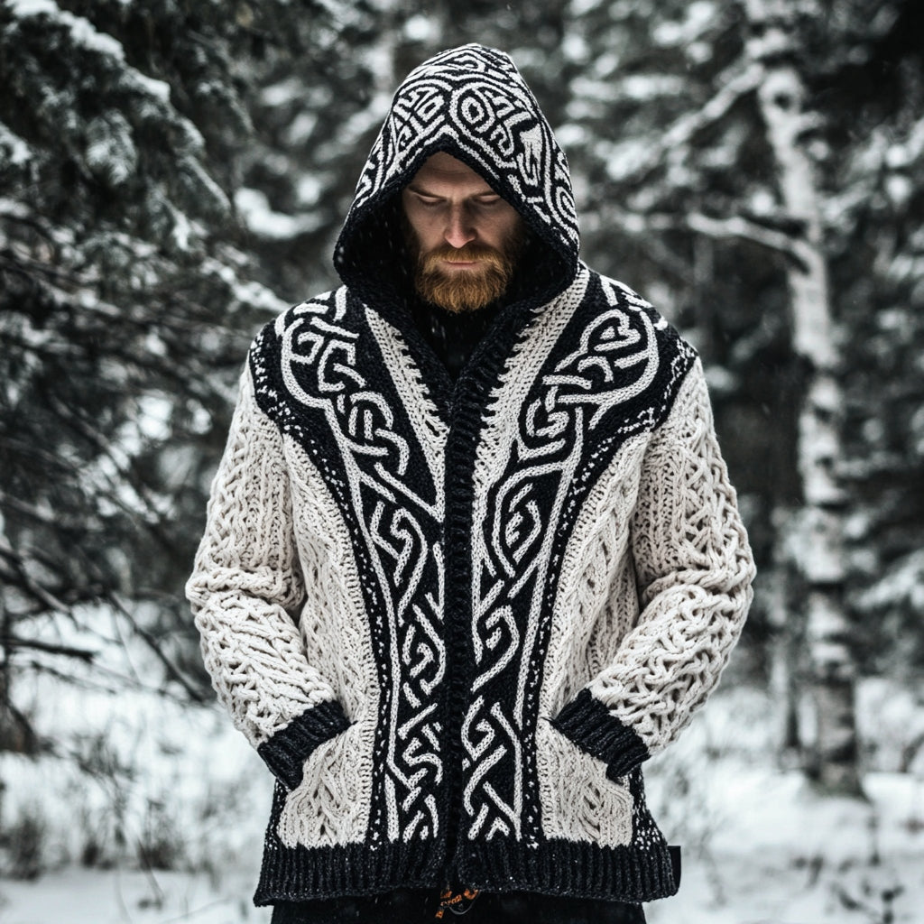 Men's Viking Celtic Knotted Jacquard Pocket Hooded Cardigan Sweater elevenforest