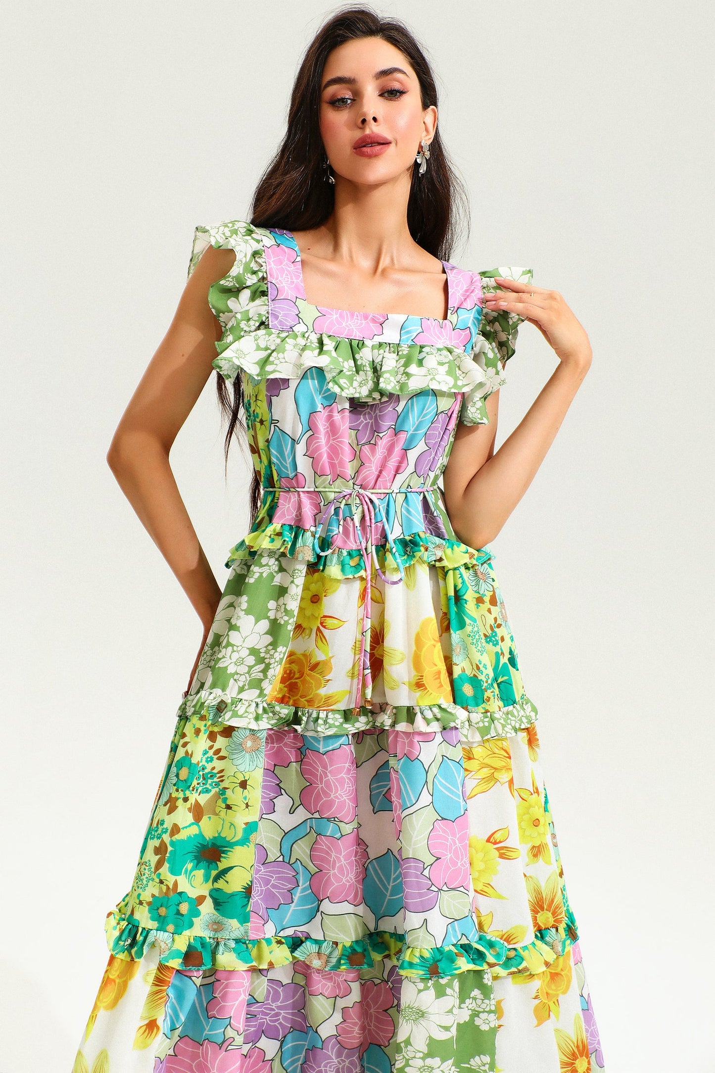 Printed Sleeveless Square Collar Ruffle Hem Midi Dress