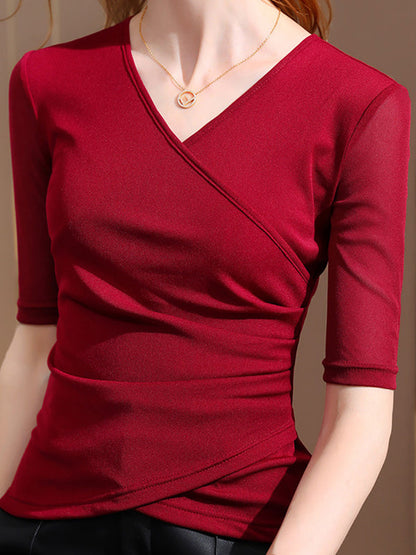 Half Sleeves Asymmetric Pleated Color Split-joint V-neck T-shirts Tops