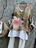 Comstylish Vintage Lotus Flower Art Linen Blend Flowy Tunic