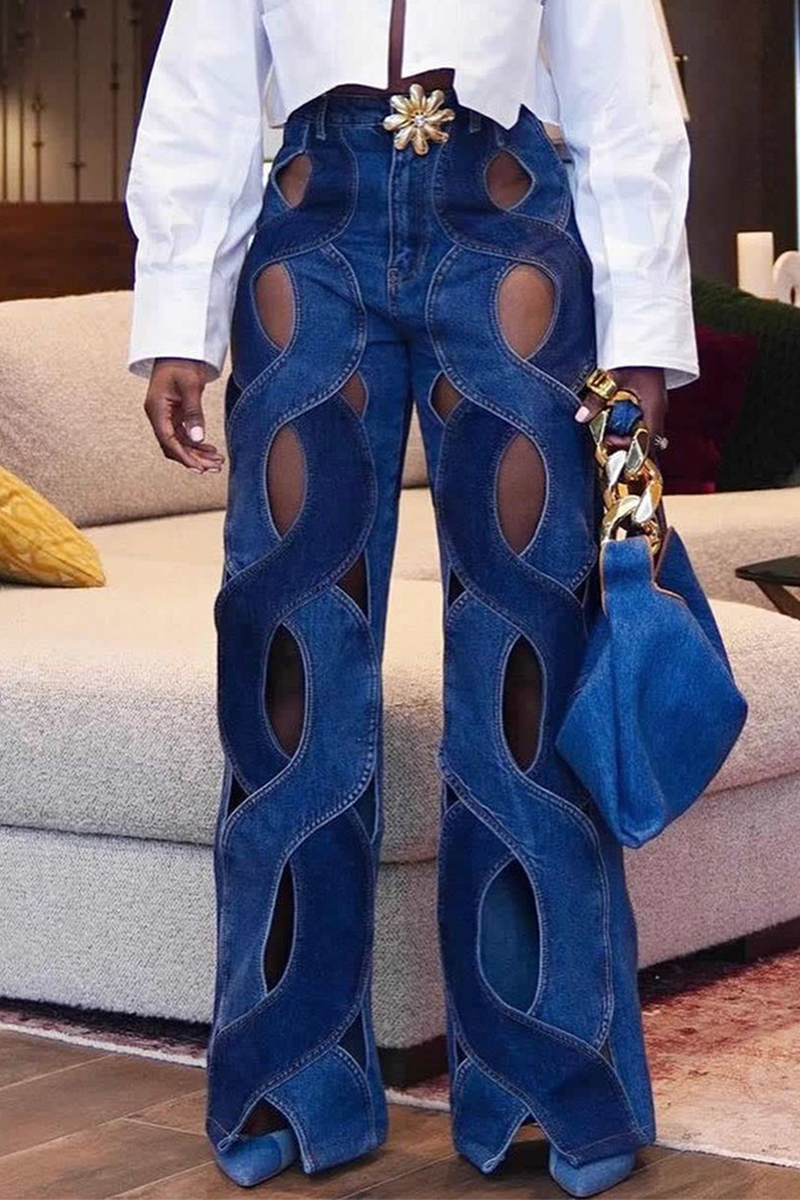 Street Hollowed Out High Waist Straight Denim Jeans