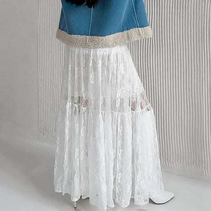 Taruxy Jacquard See-through High-waisted Skirt ’s Summer New Loose A-line Long Skirt Lace Patchwork Color Female