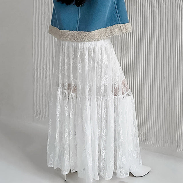Taruxy Jacquard See-through High-waisted Skirt ’s Summer New Loose A-line Long Skirt Lace Patchwork Color Female