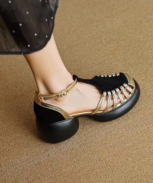 Black Chunky Suede Comfy Splicing Hollow Out Sandals Kj075