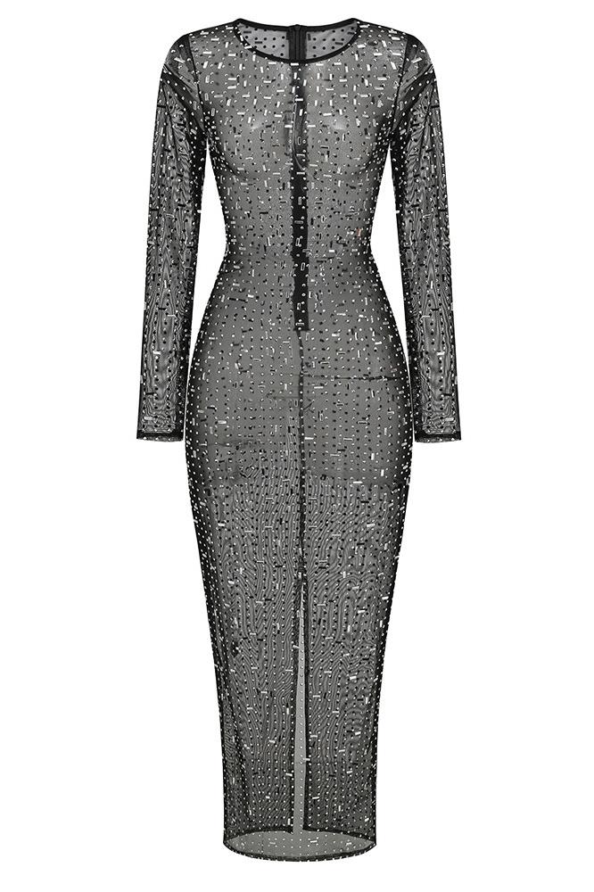 Ina Diamante Mesh Slit Maxi Dress