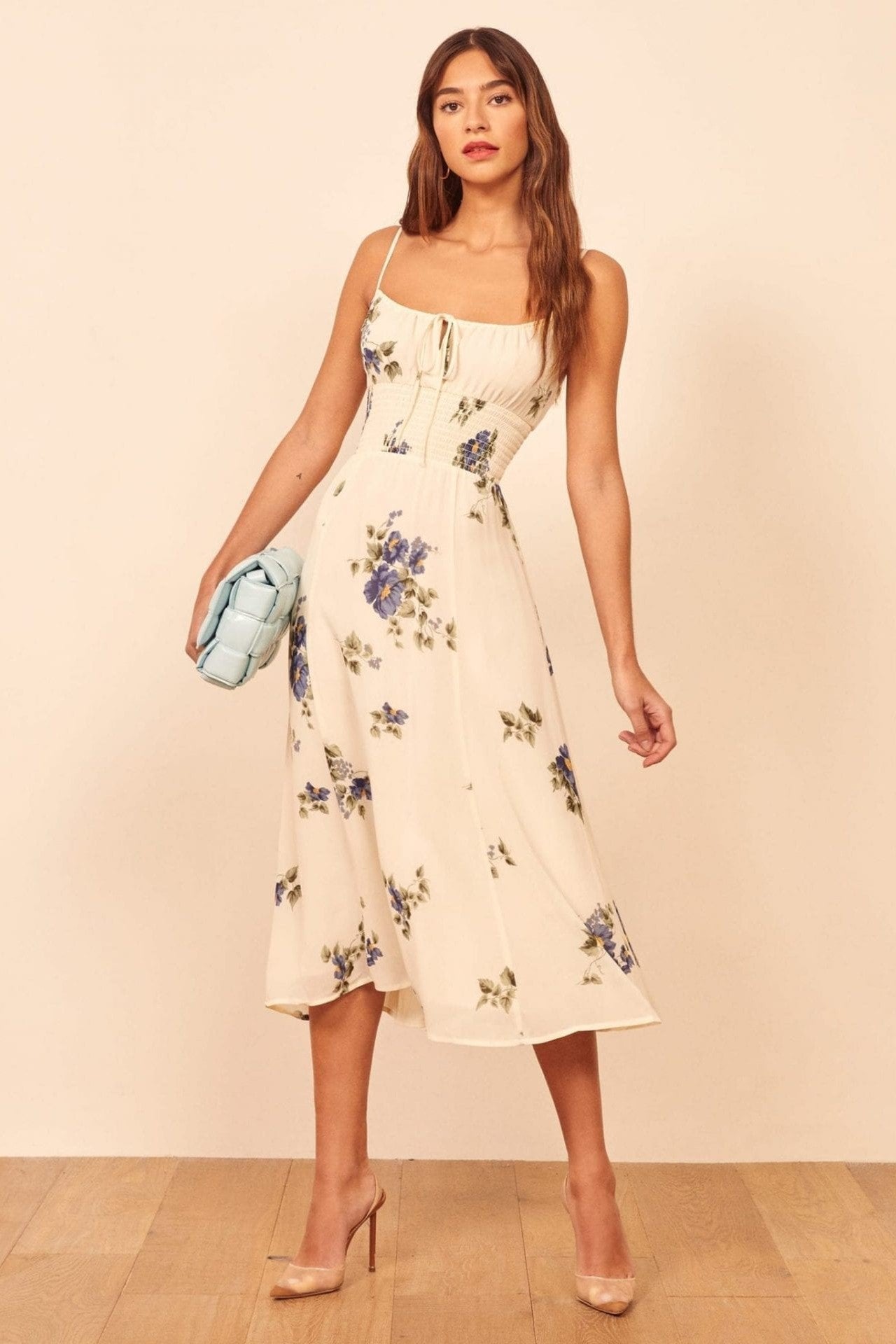 Smock Elastic Lace Up Cami Midi Dress Beige