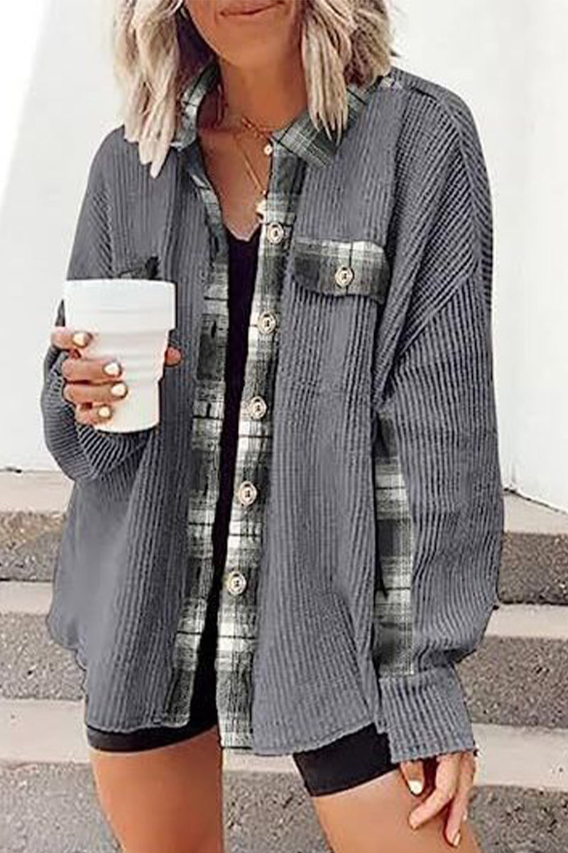 Color Block Pocket Contrast Turndown Collar Tops